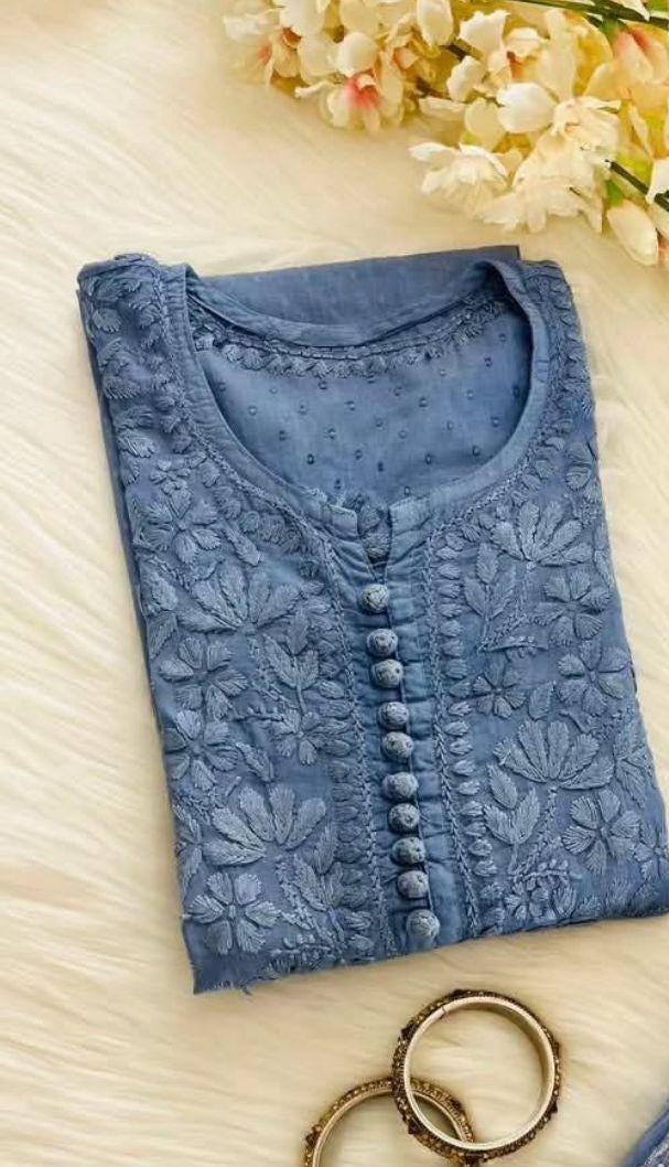 Elegant Dobby Cotton Kurti | Authentic Lucknow Chikankari Embroidery | Traditional Indian Kurta for Women | Ethnic Wear | Handcrafted