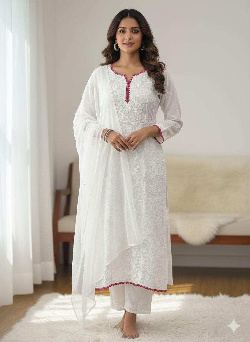 Resham Jaal Suit Set | Hand Embroidered Viscose Kurti Palazzo Dupatta | Quraishiya Lace Work | Indian Ethnic Wear | Artisan Crafted