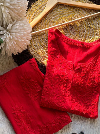 Heavy Handcrafted Modal Kurti, Lucknowi Chikankari Palazzo Set, Embroidered Indian Suit, Plus Size Festive Ethnic Wear