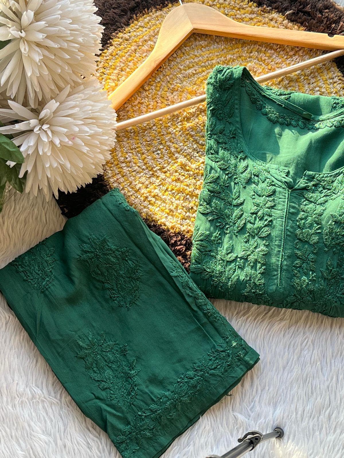 Heavy Handcrafted Modal Kurti, Lucknowi Chikankari Palazzo Set, Embroidered Indian Suit, Plus Size Festive Ethnic Wear