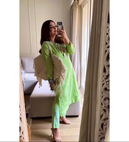 Handcrafted Dobby Cotton, Kurti Pant Set, Soft Plus Size, Indian Salwar Kameez, Festive Lucknowi, Cotton Tunic Suit