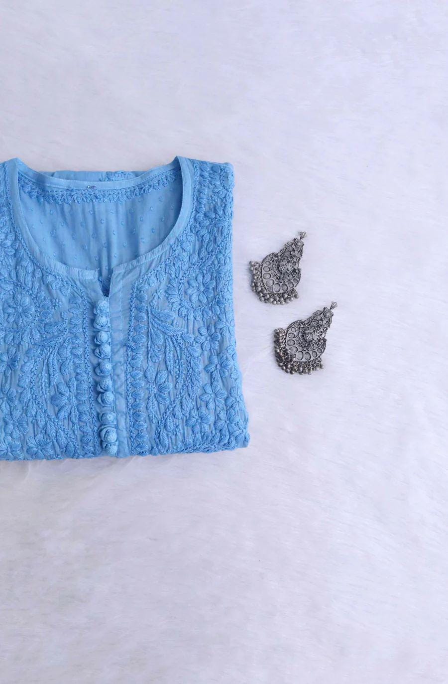 Elegant Dobby Cotton Kurti | Authentic Lucknow Chikankari Embroidery | Traditional Indian Kurta for Women | Ethnic Wear | Handcrafted