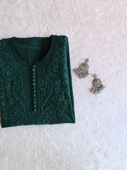 Elegant Dobby Cotton Kurti | Authentic Lucknow Chikankari Embroidery | Traditional Indian Kurta for Women | Ethnic Wear | Handcrafted
