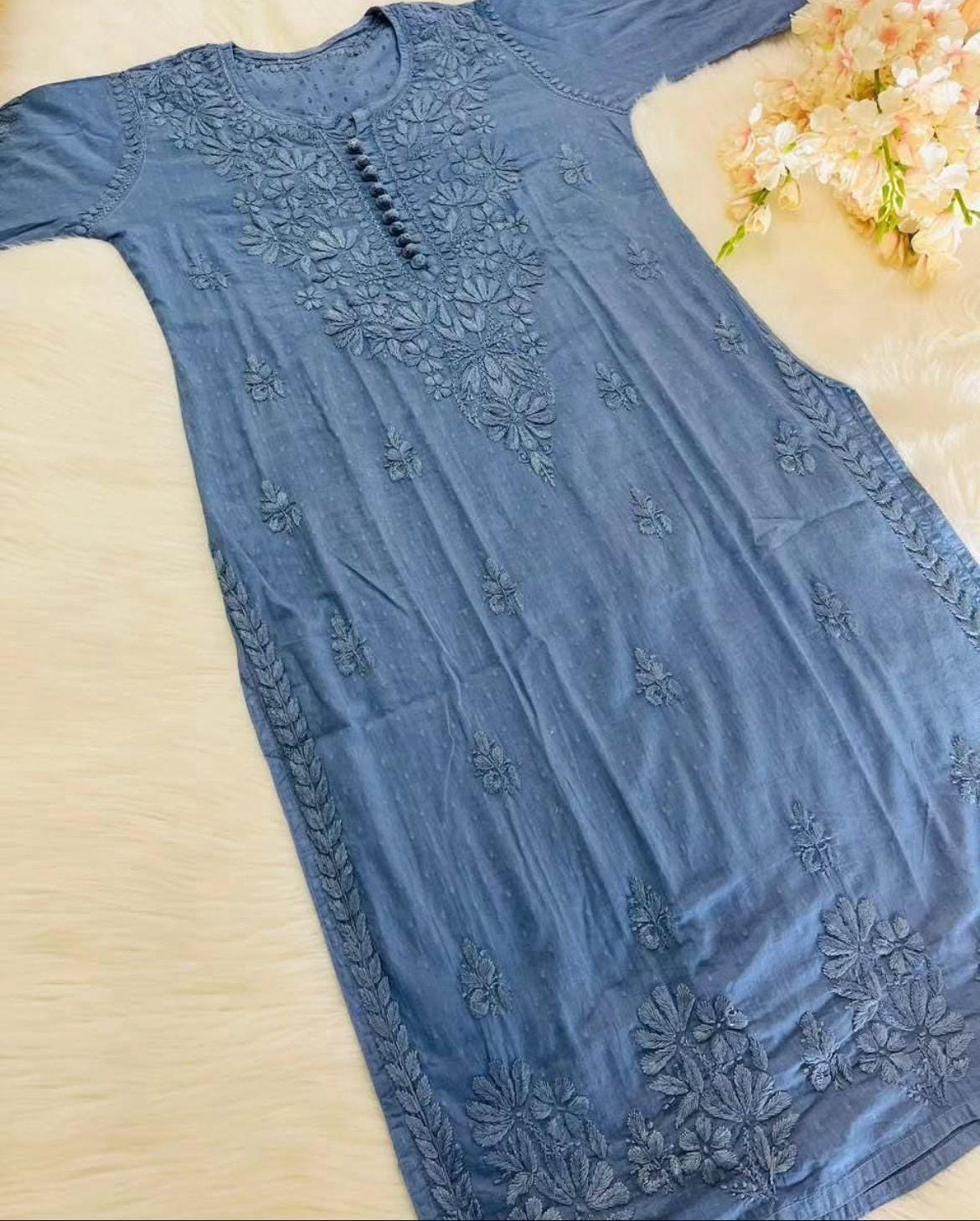 Elegant Dobby Cotton Kurti | Authentic Lucknow Chikankari Embroidery | Traditional Indian Kurta for Women | Ethnic Wear | Handcrafted