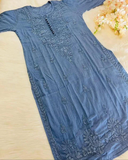 Elegant Dobby Cotton Kurti | Authentic Lucknow Chikankari Embroidery | Traditional Indian Kurta for Women | Ethnic Wear | Handcrafted