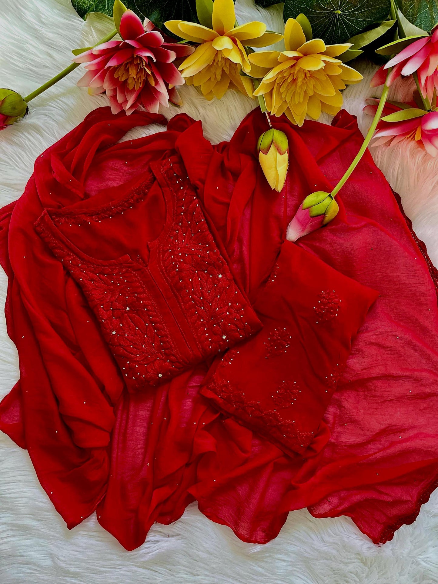 Chikankari 3 Piece Suit Set: Hand Embroidered Rayon Cotton Kurta, Palazzo with Chiffon Dupatta