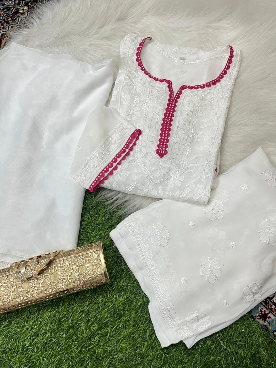 Resham Jaal Suit Set | Hand Embroidered Viscose Kurti Palazzo Dupatta | Quraishiya Lace Work | Indian Ethnic Wear | Artisan Crafted