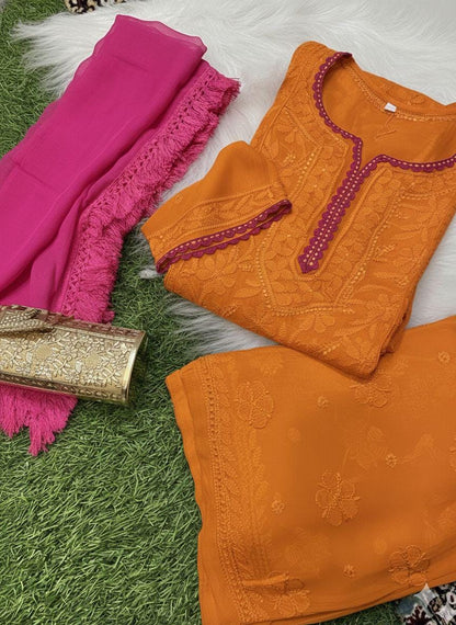 Resham Jaal Suit Set | Hand Embroidered Viscose Kurti Palazzo Dupatta | Quraishiya Lace Work | Indian Ethnic Wear | Artisan Crafted