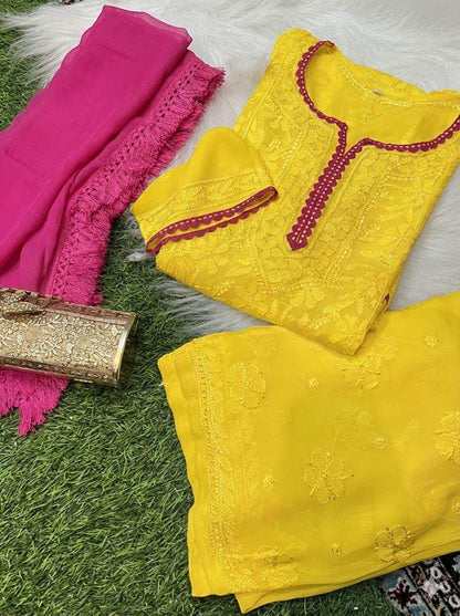 Resham Jaal Suit Set | Hand Embroidered Viscose Kurti Palazzo Dupatta | Quraishiya Lace Work | Indian Ethnic Wear | Artisan Crafted