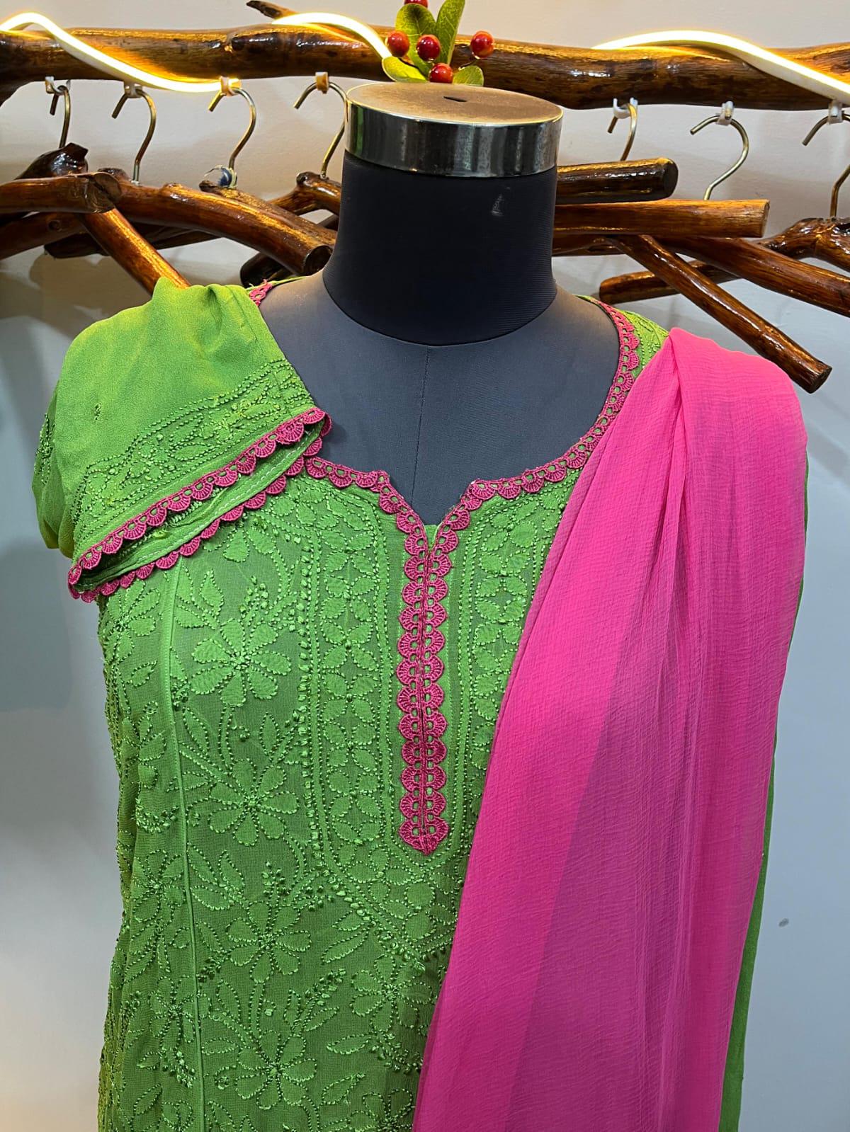 Resham Jaal Suit Set | Hand Embroidered Viscose Kurti Palazzo Dupatta | Quraishiya Lace Work | Indian Ethnic Wear | Artisan Crafted