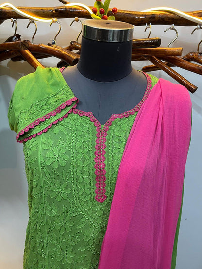 Resham Jaal Suit Set | Hand Embroidered Viscose Kurti Palazzo Dupatta | Quraishiya Lace Work | Indian Ethnic Wear | Artisan Crafted
