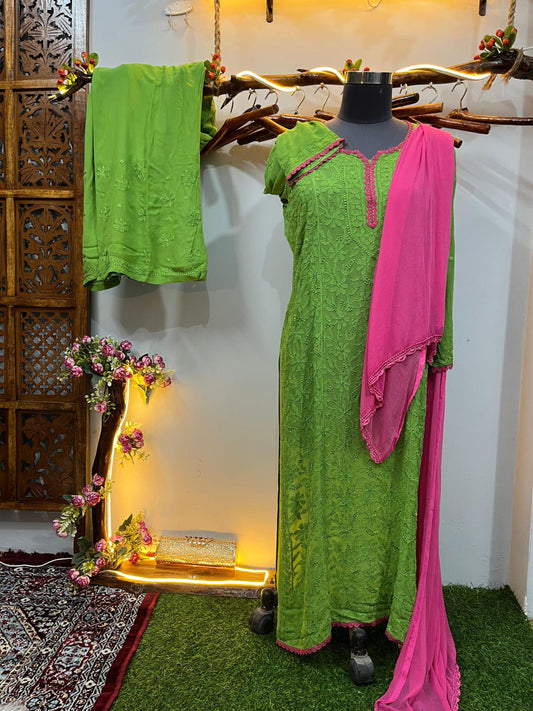 Resham Jaal Suit Set | Hand Embroidered Viscose Kurti Palazzo Dupatta | Quraishiya Lace Work | Indian Ethnic Wear | Artisan Crafted