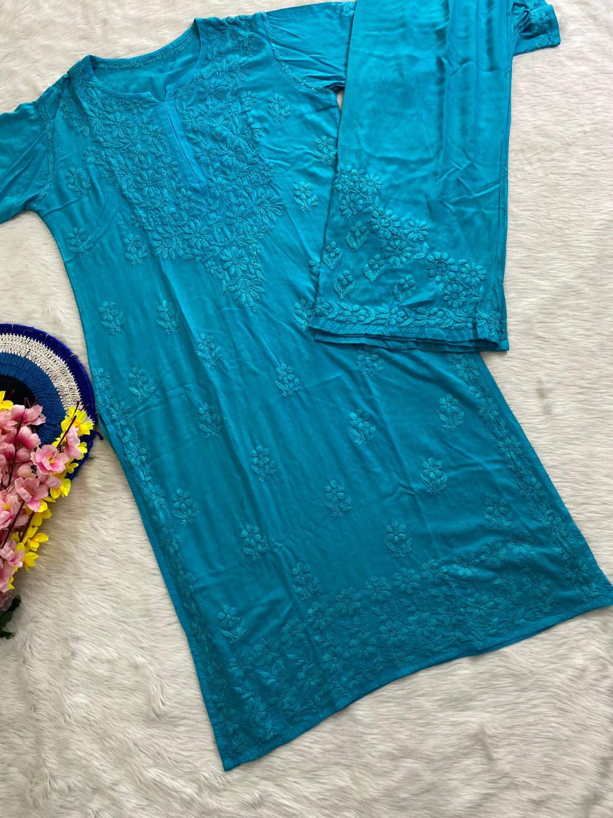 Indian Chikankari Kurti Palazzo Set | Hand Embroidered Rayon Suit from India | Traditional Lucknow Work | Desi Ethnic Wear for Women