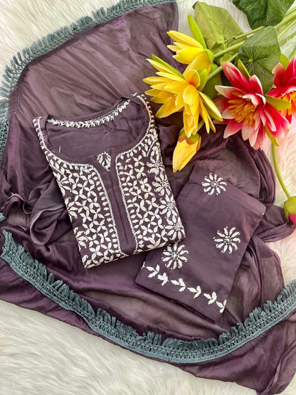 Indian Chikankari Suit 3 Piece Set |  Hand Embroidered Rayon from India | Traditional Festive Wear for Women