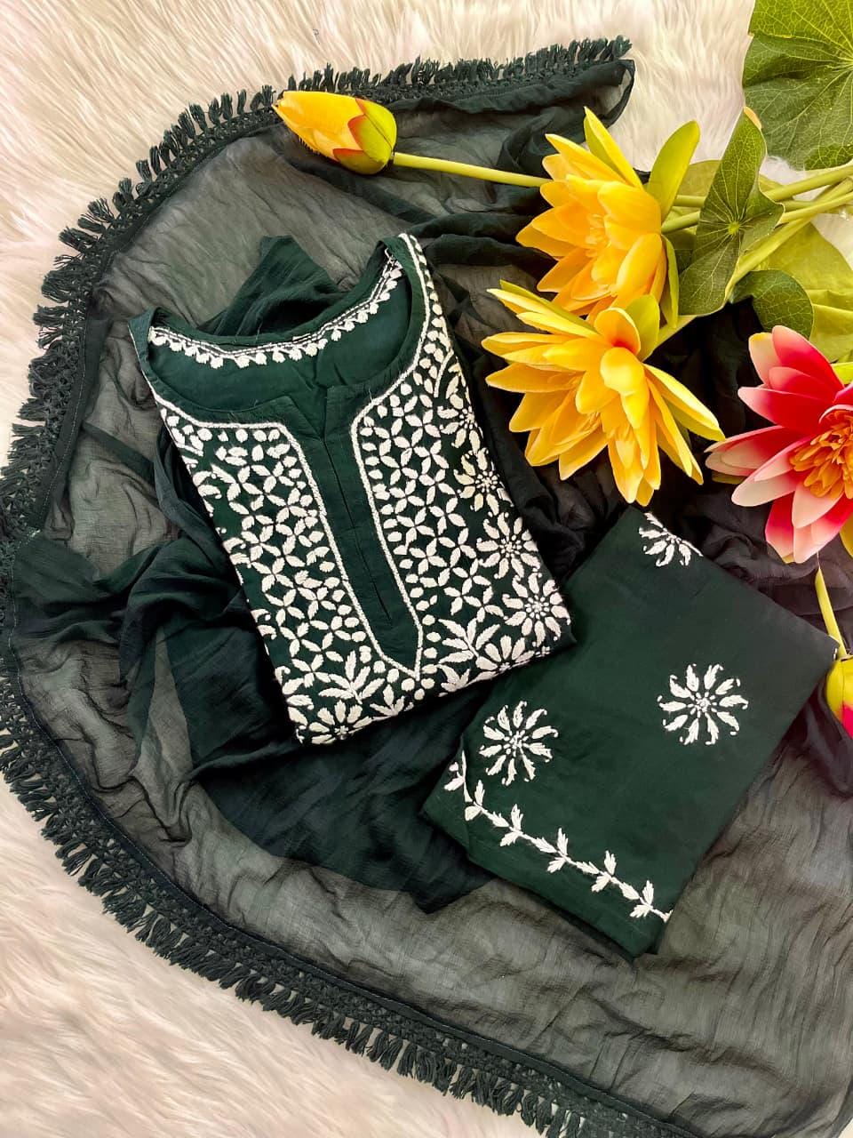 Indian Chikankari Suit 3 Piece Set |  Hand Embroidered Rayon from India | Traditional Festive Wear for Women