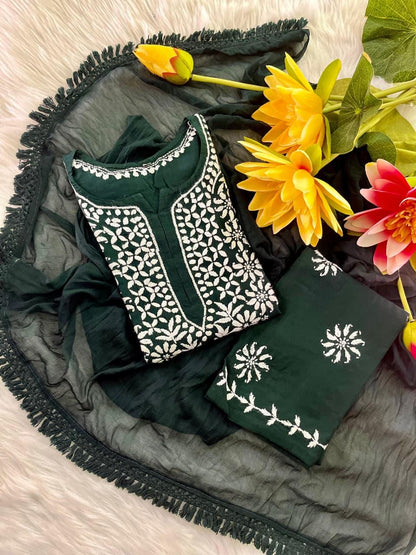 Indian Chikankari Suit 3 Piece Set |  Hand Embroidered Rayon from India | Traditional Festive Wear for Women
