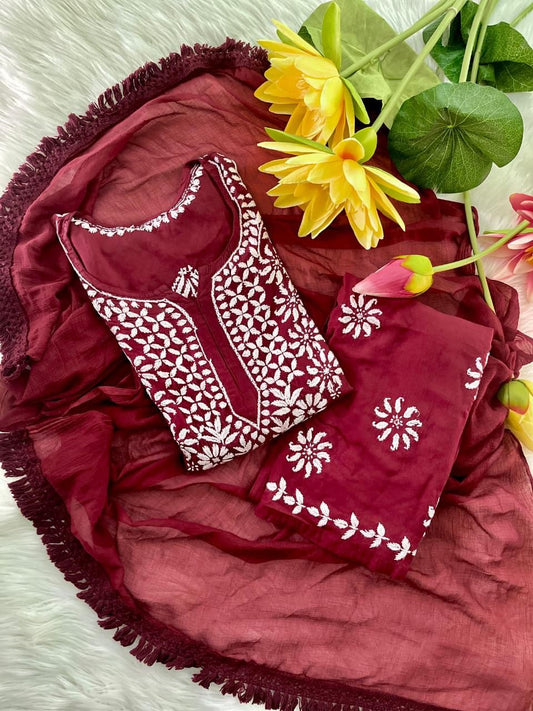Indian Chikankari Suit 3 Piece Set |  Hand Embroidered Rayon from India | Traditional Festive Wear for Women