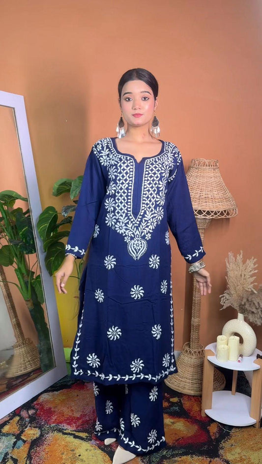 Indian Rayon Kurti Palazzo Set | Ghaspatti Embroidery Work from India | Traditional Ethnic Wear for Women | Desi Suit Set | Festival Outfit