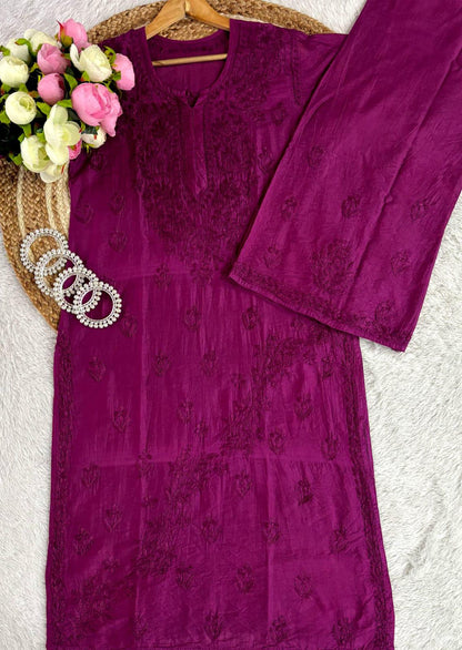 Lucknow Chikankari Chanderi Set | Hand Embroidered Gala Cross Design | Kurti Palazzo Set | Premium Ethnic Wear | Artisan Crafted