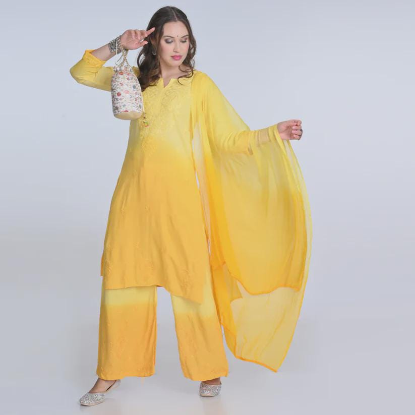 Chikankari Kurti Set for Women | Ombre Dyed Rayon Salwar Suit from India | Lucknow Embroidery Ethnic Dress