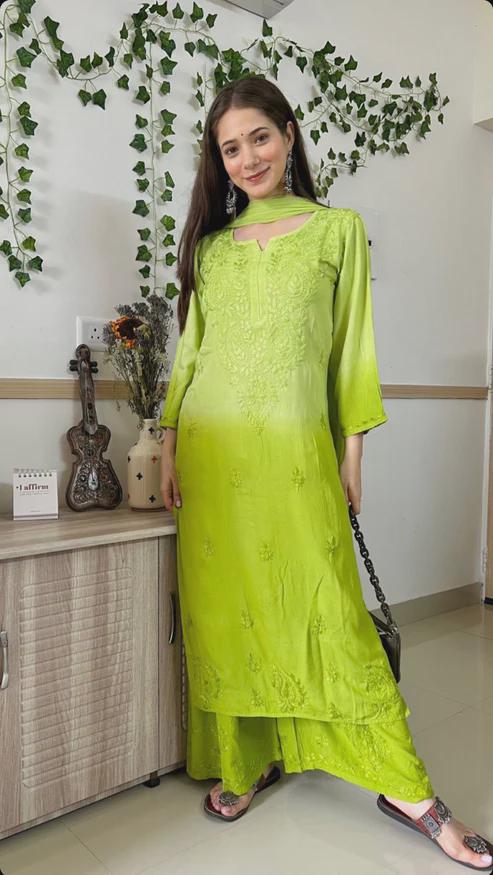 Chikankari Kurti Set for Women | Ombre Dyed Rayon Salwar Suit from India | Lucknow Embroidery Ethnic Dress