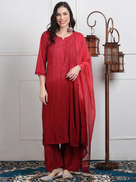 Indian Ombre Kurti Palazzo Set | Hand Embroidered Chikankari from India | Plus Size Rayon Suit | Lucknow Work Ethnic Wear for Women