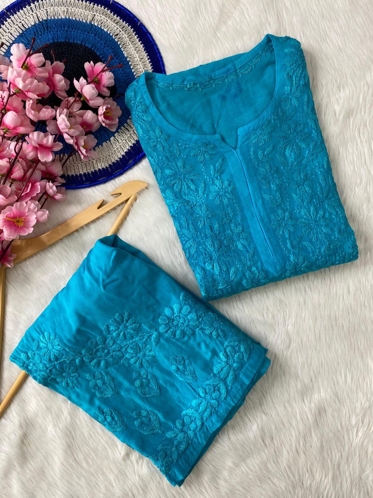 Indian Chikankari Kurti Palazzo Set | Hand Embroidered Rayon Suit from India | Traditional Lucknow Work | Desi Ethnic Wear for Women