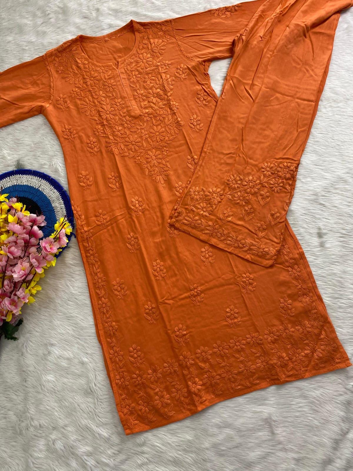 Indian Chikankari Kurti Palazzo Set | Hand Embroidered Rayon Suit from India | Traditional Lucknow Work | Desi Ethnic Wear for Women
