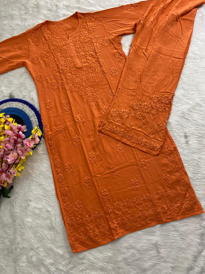 Indian Chikankari Kurti Palazzo Set | Hand Embroidered Rayon Suit from India | Traditional Lucknow Work | Desi Ethnic Wear for Women