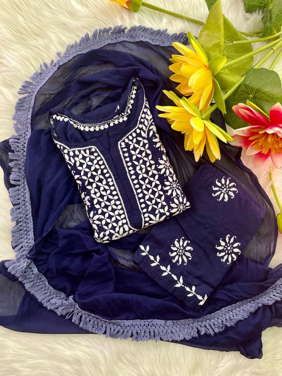 Indian Chikankari Suit 3 Piece Set |  Hand Embroidered Rayon from India | Traditional Festive Wear for Women