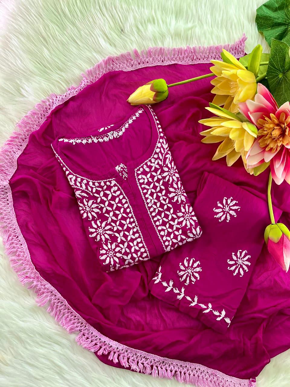 Indian Chikankari Suit 3 Piece Set |  Hand Embroidered Rayon from India | Traditional Festive Wear for Women
