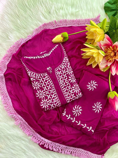 Indian Chikankari Suit 3 Piece Set |  Hand Embroidered Rayon from India | Traditional Festive Wear for Women