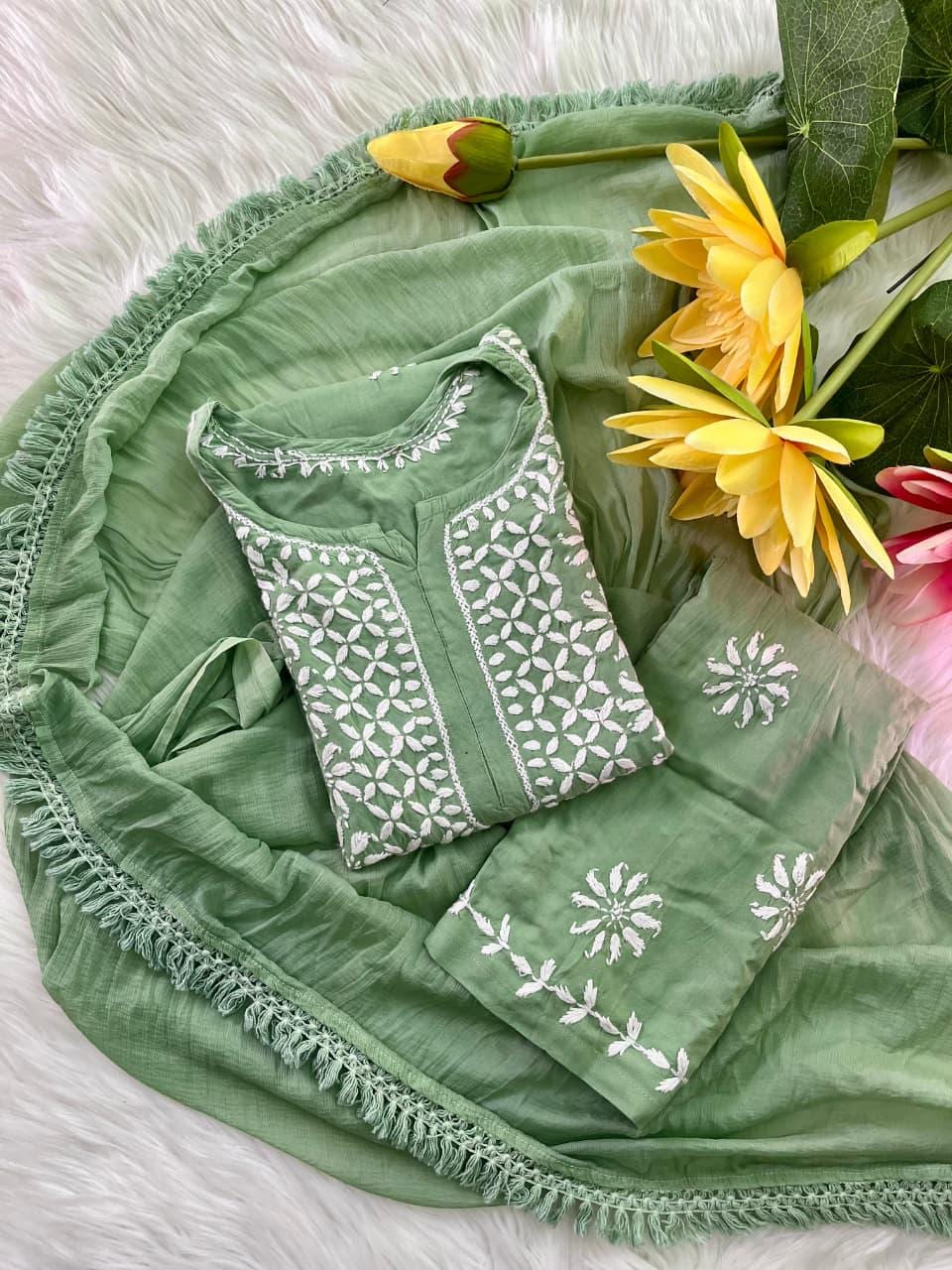 Indian Chikankari Suit 3 Piece Set |  Hand Embroidered Rayon from India | Traditional Festive Wear for Women