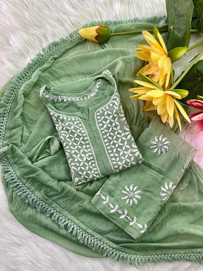 Indian Chikankari Suit 3 Piece Set |  Hand Embroidered Rayon from India | Traditional Festive Wear for Women