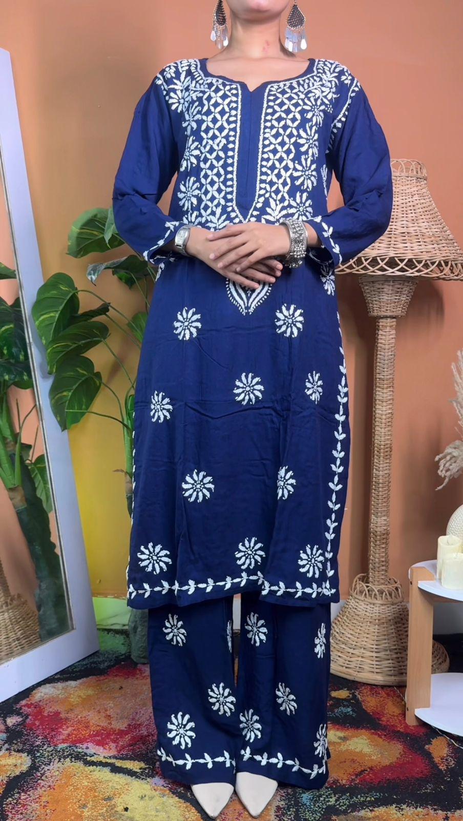 Indian Rayon Kurti Palazzo Set | Ghaspatti Embroidery Work from India | Traditional Ethnic Wear for Women | Desi Suit Set | Festival Outfit
