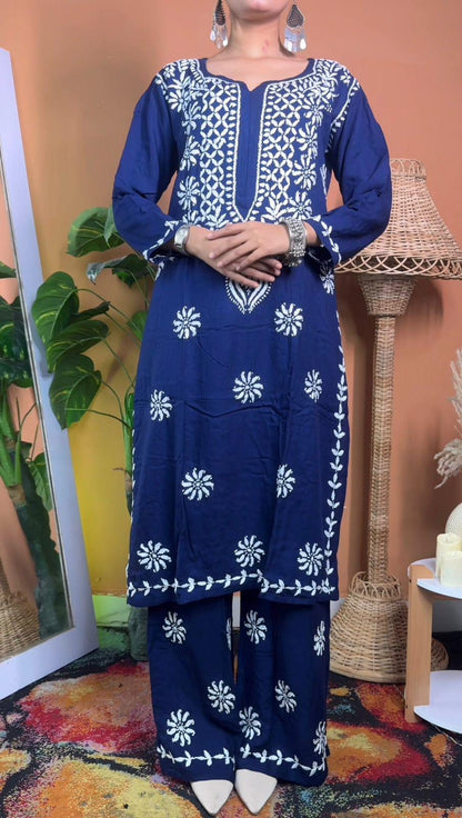 Indian Rayon Kurti Palazzo Set | Ghaspatti Embroidery Work from India | Traditional Ethnic Wear for Women | Desi Suit Set | Festival Outfit