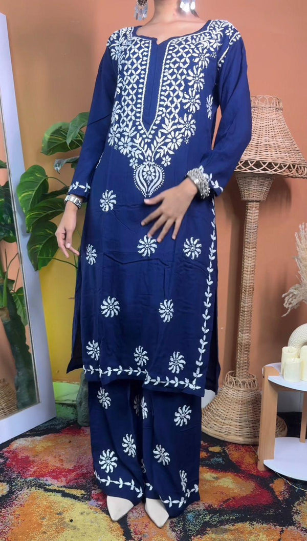 Indian Rayon Kurti Palazzo Set | Ghaspatti Embroidery Work from India | Traditional Ethnic Wear for Women | Desi Suit Set | Festival Outfit