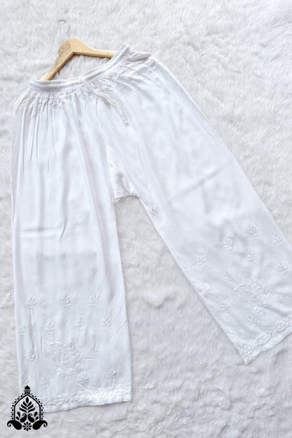 Hand Worked Chikankari Palazzo | Rayon Embroidered Pants | Free Size Ethnic Wear | Lucknow Embroidery | Artisan Crafted