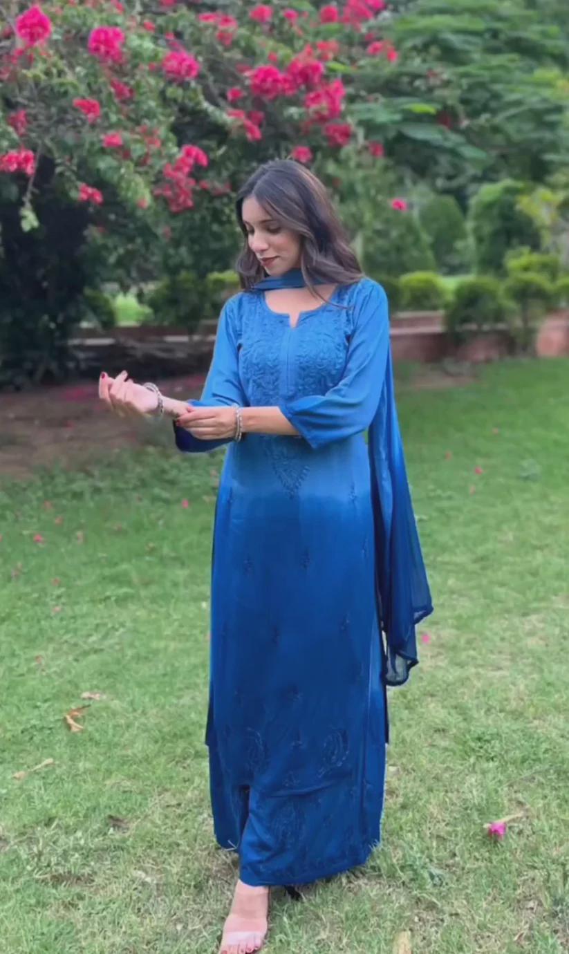 Indian Ombre Kurti Palazzo Set | Hand Embroidered Chikankari from India | Plus Size Rayon Suit | Lucknow Work Ethnic Wear for Women