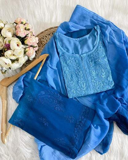 Indian Ombre Kurti Palazzo Set | Hand Embroidered Chikankari from India | Plus Size Rayon Suit | Lucknow Work Ethnic Wear for Women