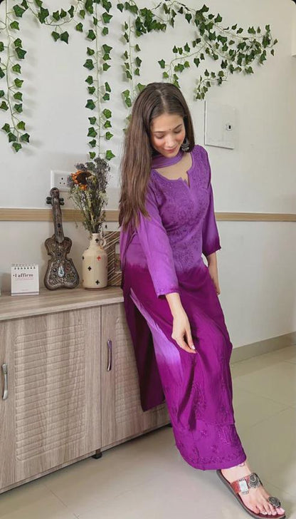 Chikankari Kurti Set for Women | Ombre Dyed Rayon Salwar Suit from India | Lucknow Embroidery Ethnic Dress