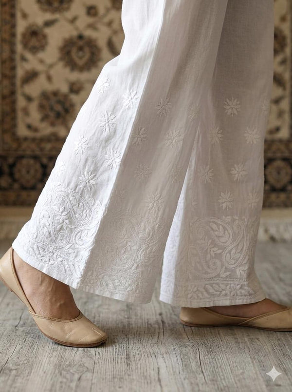 Hand Worked Chikankari Palazzo | Rayon Embroidered Pants | Free Size Ethnic Wear | Lucknow Embroidery | Artisan Crafted