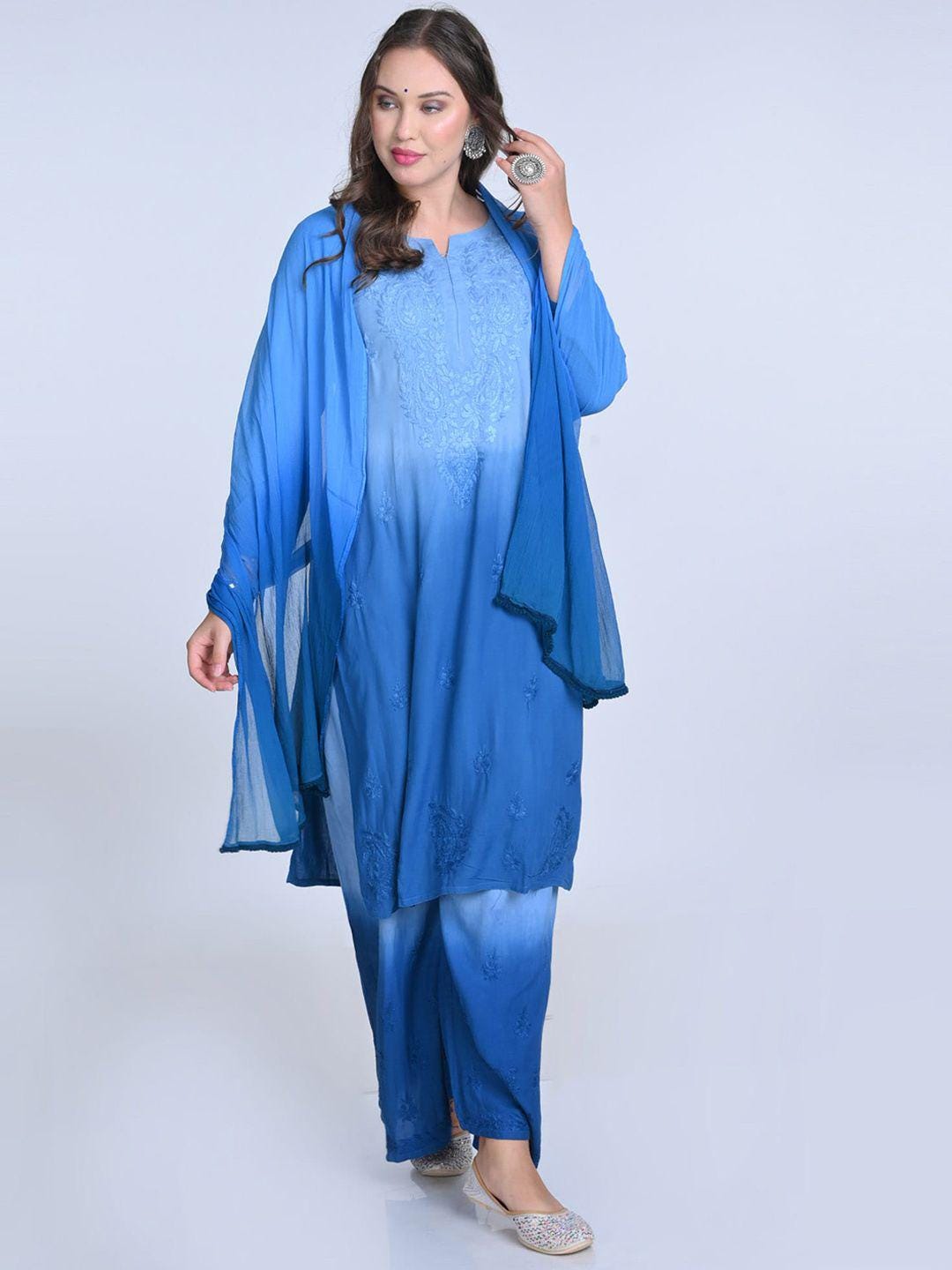 Indian Ombre Kurti Palazzo Set | Hand Embroidered Chikankari from India | Plus Size Rayon Suit | Lucknow Work Ethnic Wear for Women