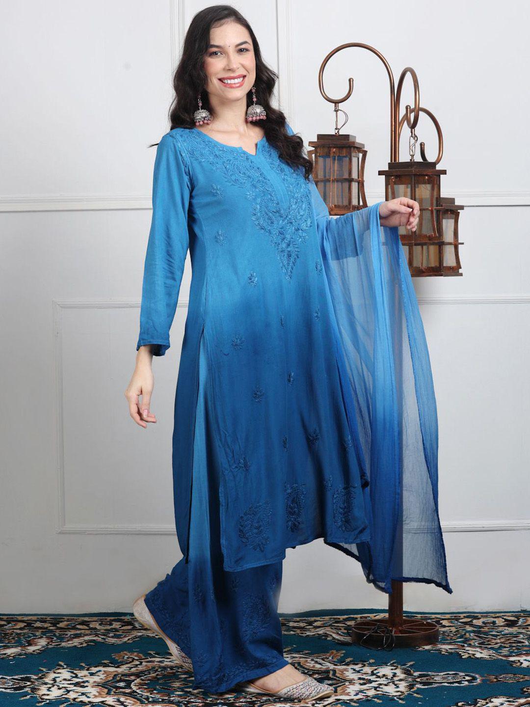 Indian Ombre Kurti Palazzo Set | Hand Embroidered Chikankari from India | Plus Size Rayon Suit | Lucknow Work Ethnic Wear for Women