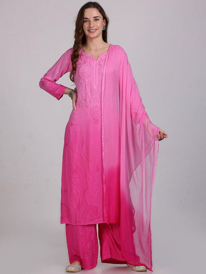 Indian Ombre Kurti Palazzo Set | Hand Embroidered Chikankari from India | Plus Size Rayon Suit | Lucknow Work Ethnic Wear for Women