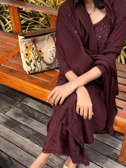 Brown Mukaish Kurti Set 3 Piece | Hand Embellished Rayon Suit from India | Traditional Indian Dress with Dupatta | Gota Patti Ethnic Wear