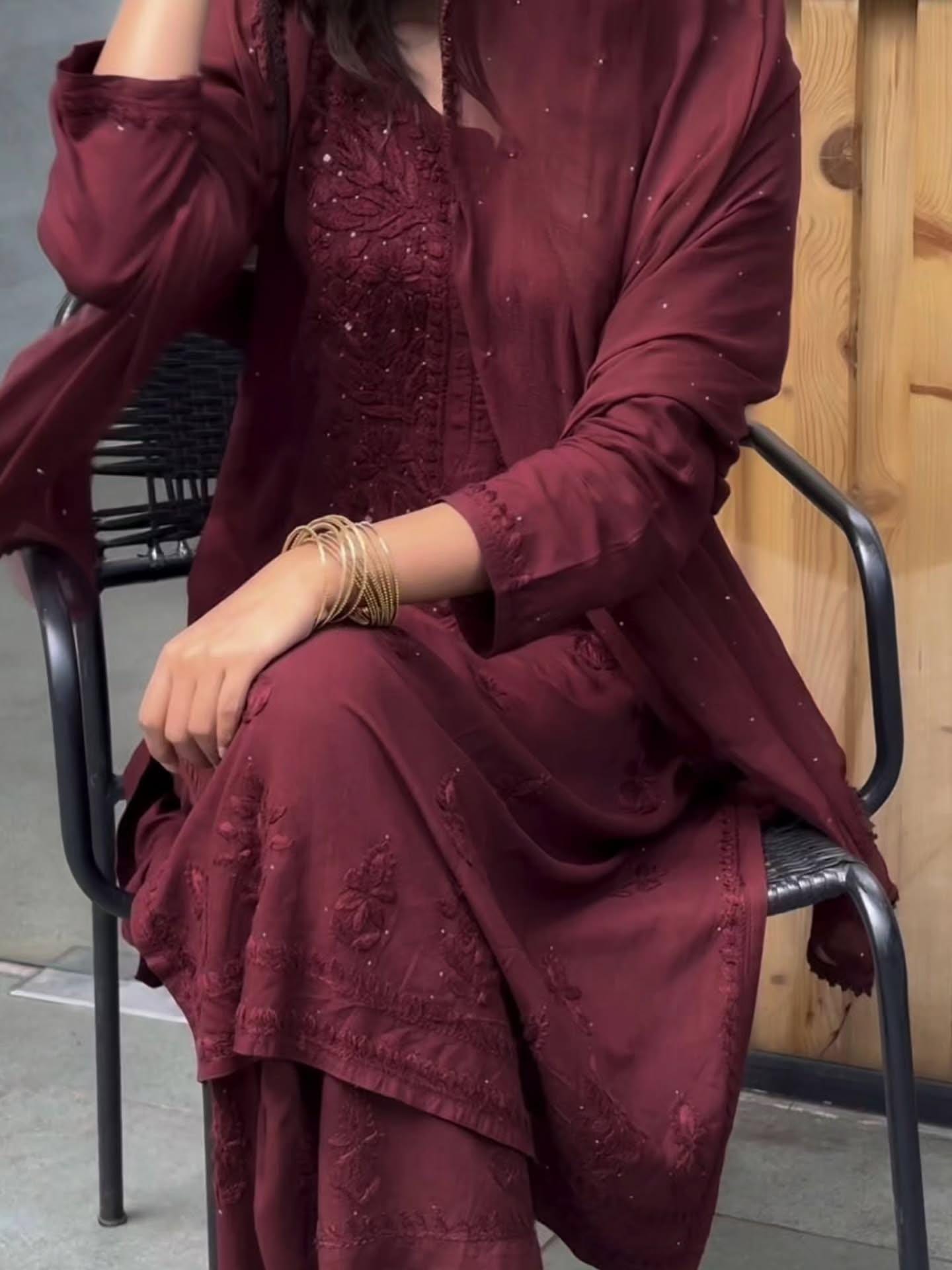 Brown Mukaish Kurti Set 3 Piece | Hand Embellished Rayon Suit from India | Traditional Indian Dress with Dupatta | Gota Patti Ethnic Wear