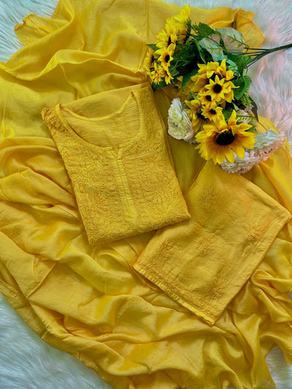 Handmade Chanderi Kurti Palazzo Dupatta Set, Traditional Chikankari Chikan Garments, Ethnic Festive Designer Suit