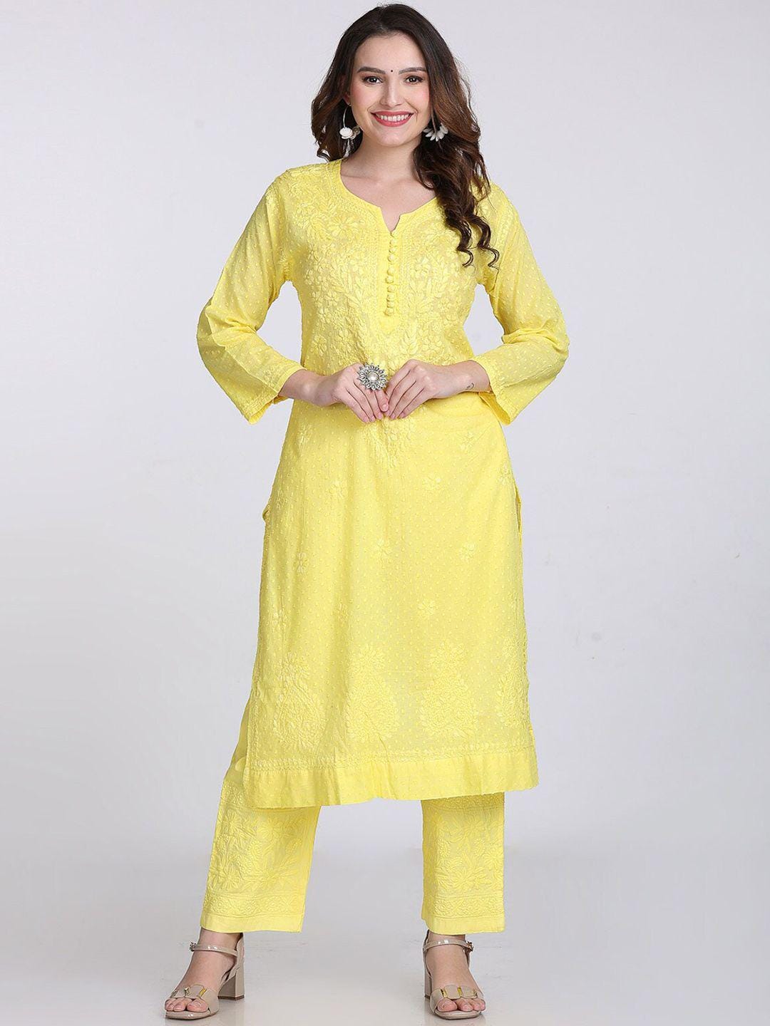 Chikankari Cotton Kurti Pant Set | Handmade Lucknowi Chikan Embroidery 2 Pc Indian Ethnic Suit | Women Boho Kurta Co-ord Set Gift for Her