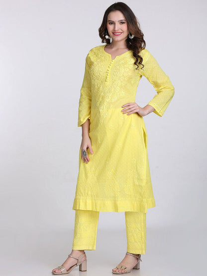 Chikankari Cotton Kurti Pant Set | Handmade Lucknowi Chikan Embroidery 2 Pc Indian Ethnic Suit | Women Boho Kurta Co-ord Set Gift for Her